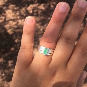 Emerald silver ring stacker ring set hammered band